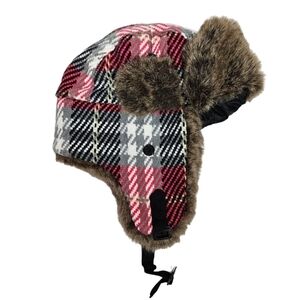 Manhattan Hat Co Pink & Gray Woven Plaid Faux Fur Trapper Hat Unisex Adult